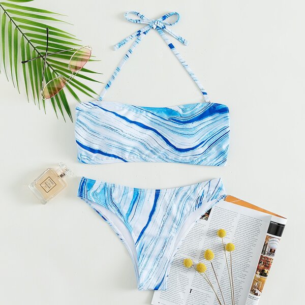 

Wave Print Halter Bikini Swimsuit, Blue and white