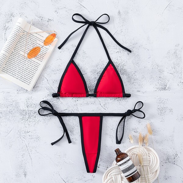 

Contrast Binding Micro Triangle Thong Bikini Swimsuit, Multicolor