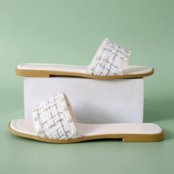 

Faux Pearl Decor Slide Sandals, Beige