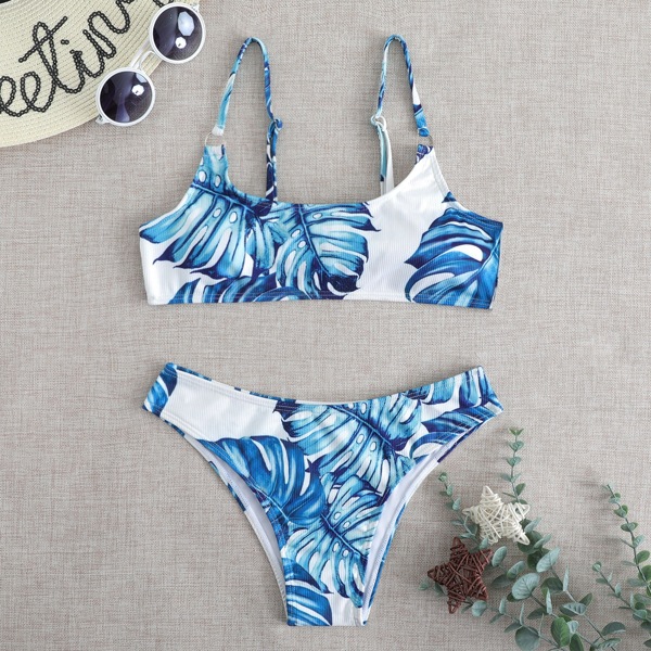 

Tropical Leaf Print Bikini Swimsuit, Black and white
