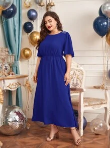 SHEIN Clasi 大碼飛袖水鑽肩連衣裙 - 寶藍色 - 查看 5