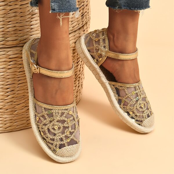 

Sequin Decor Mesh Espadrille Flats, Gold