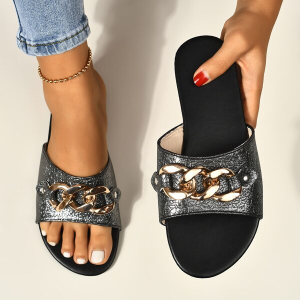 

Metallic Chain Decor Slide Sandals, Grey