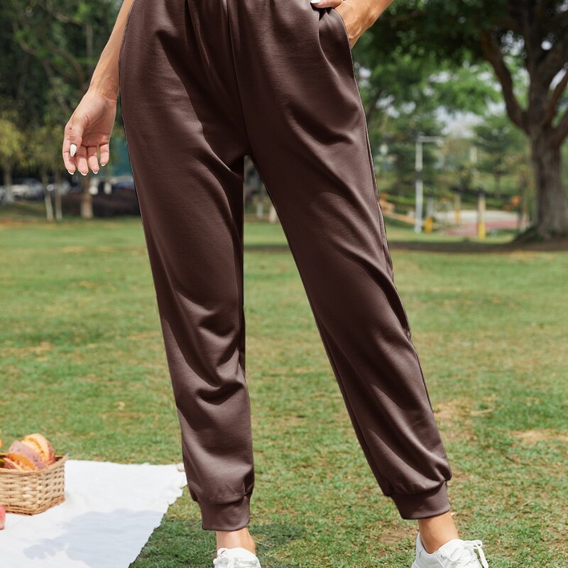 

Elastic Waist Solid Sports Sweatpants, Chocolate brown