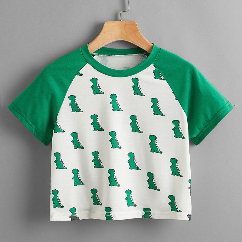 

Cartoon Dinosaur Print Colorblock Tee, Green