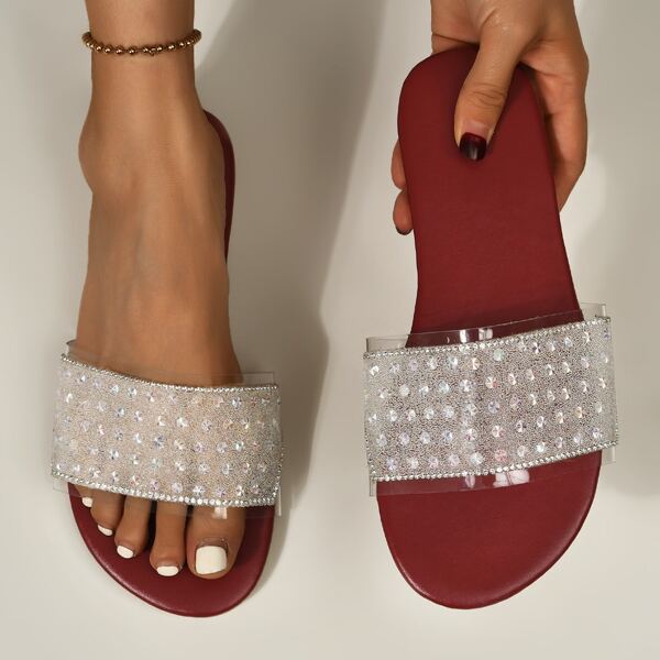 

Clear Rhinestone Decor Slide Sandals, Silver