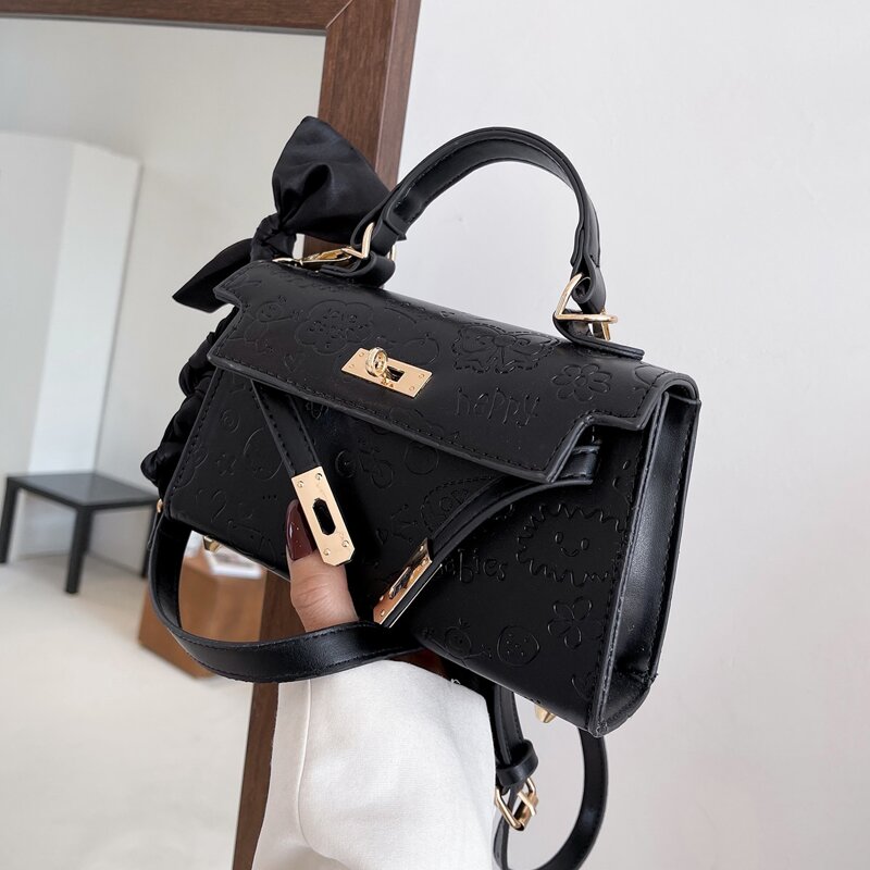 

Cartoon Embossed Satchel Bag, Black