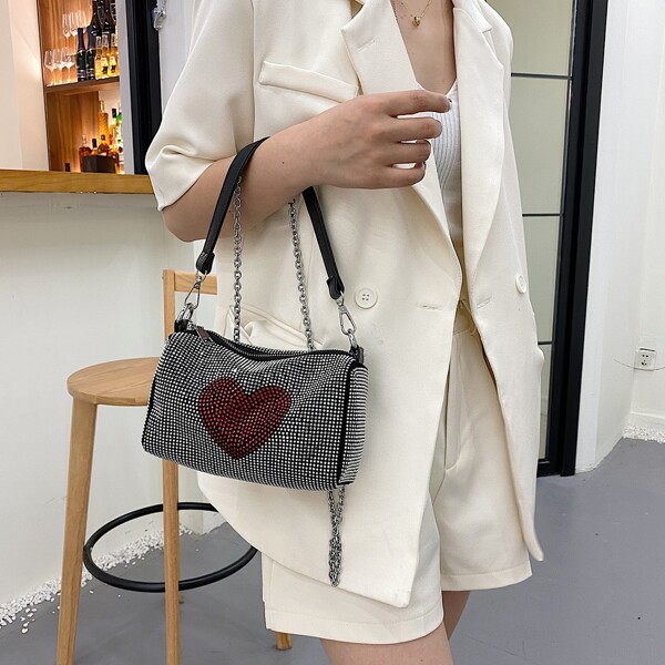 

Rhinestone Decor Heart Pattern Shoulder Bag, Black