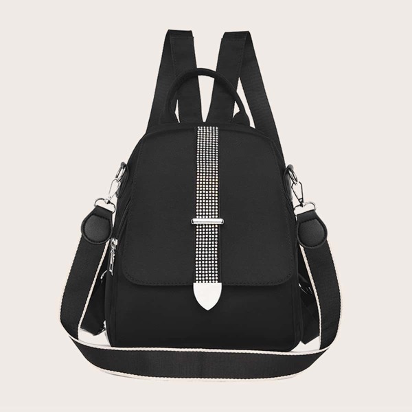 

Rhinestone Decor Flap Backpack, Black