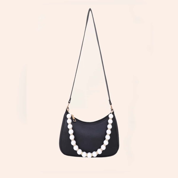 

Faux Pearl Beaded Baguette Bag, Black