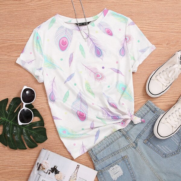 

Feather Print Short Sleeve Tee, White