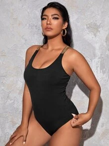 SHEIN Swim Curve Plus Plain One Piece Swimsuit - Black - View 3