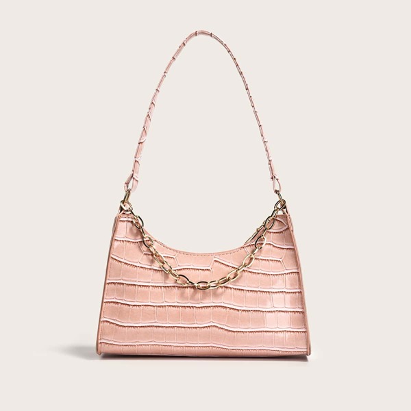 

Chain Decor Croc Embossed Shoulder Bag, Pink