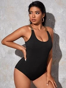 SHEIN Swim Curve Plus Plain One Piece Swimsuit - Black - View 4
