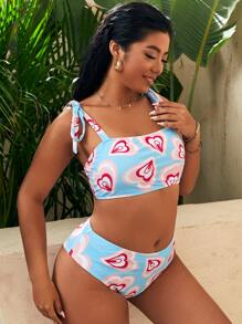 Plus Size Heart Print Bikini Set Summer Beach - Multicolor - View 1