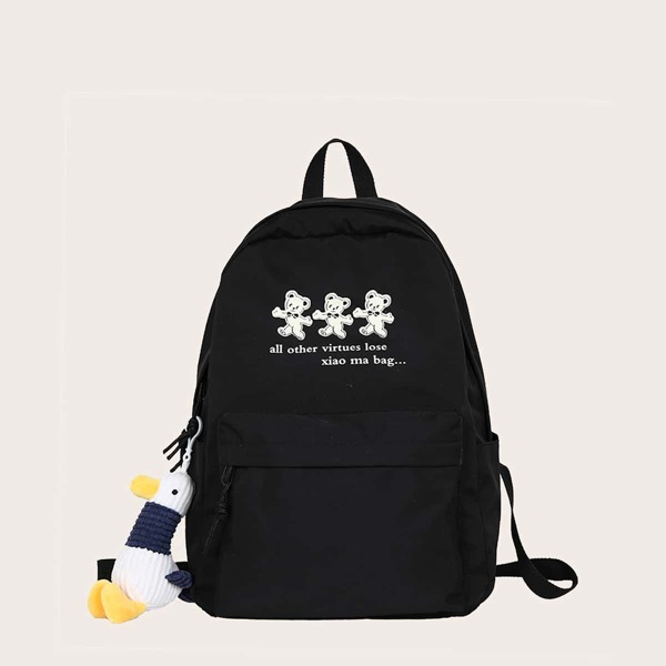 

Cartoon Graphic Pocket Front Backpack, Black