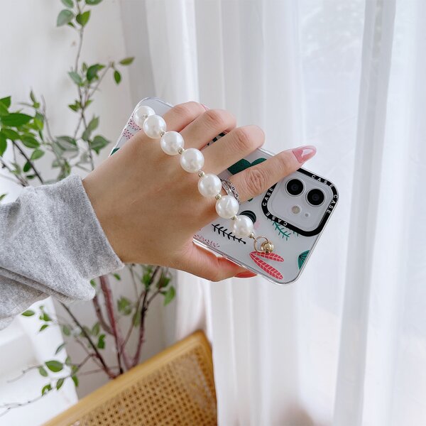 

Cactus Pattern Faux Pearl Hand Strap Phone Case, Clear