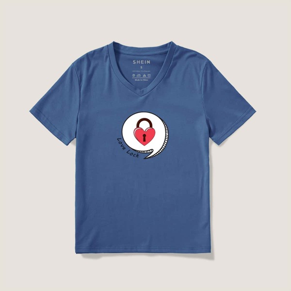 

Slogan & Heart-shape Lock Tee, Navy blue