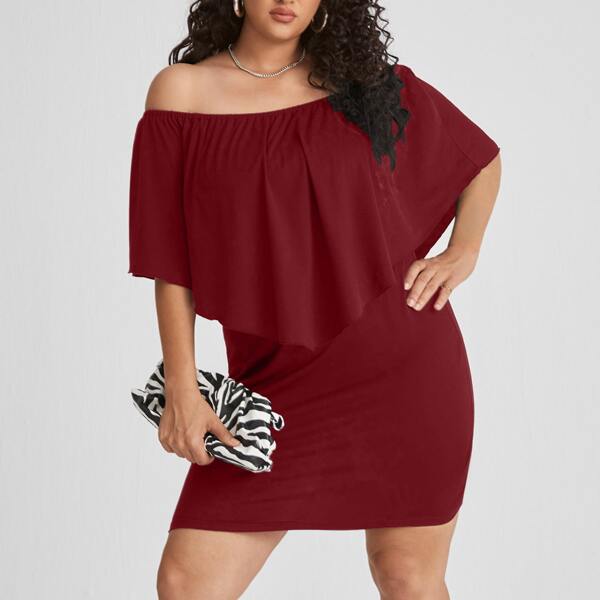 

Plus Off Shoulder Ruffle Trim Dress, Burgundy