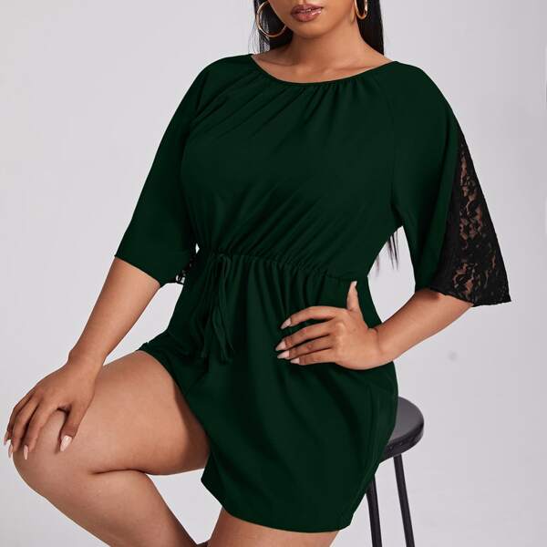 

Plus Contrast Lace Knot Front Romper, Dark green
