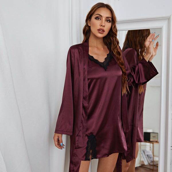 

Lace Trim Satin Robe Set, Maroon