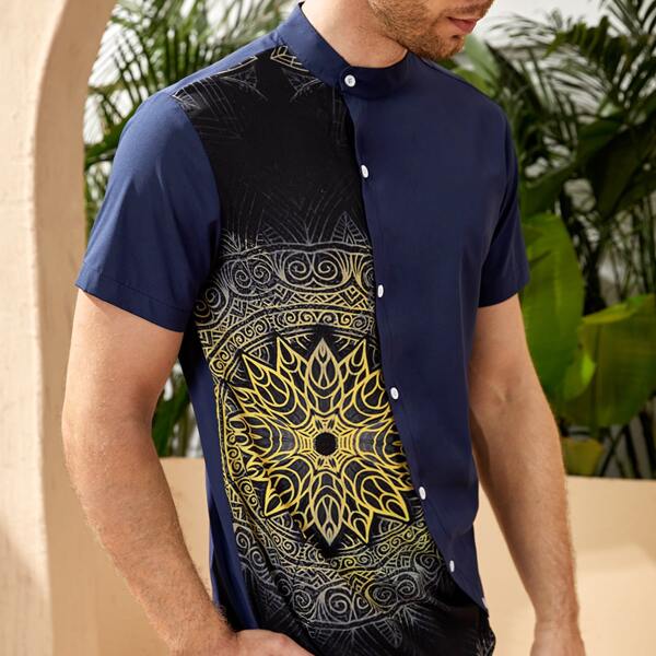 

Men Floral Asymmetrical Hem Shirt, Navy blue