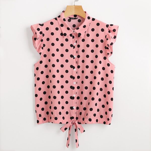 

Plus Polka Dot Knot Hem Button Through Blouse, Pink