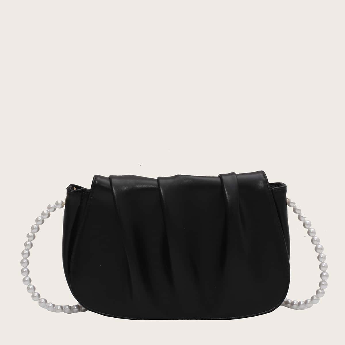 

Faux Pearl Strap Ruched Bag, Black