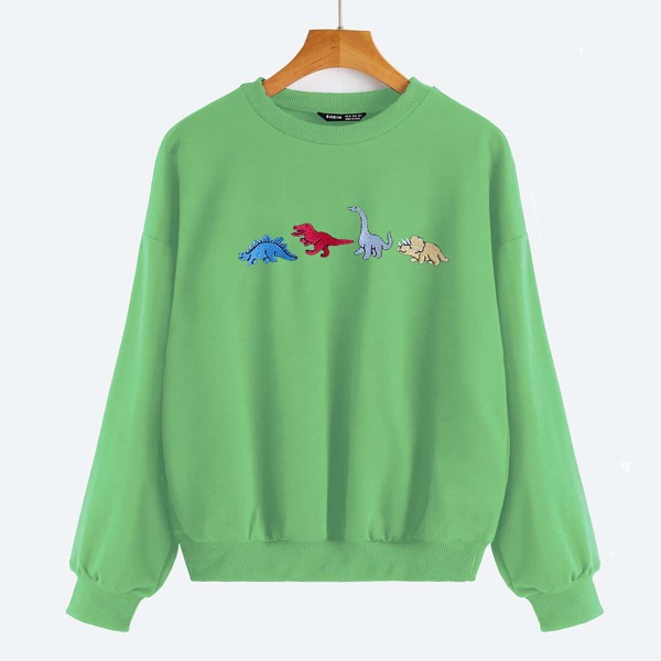 

Drop Shoulder Dinosaur Embroidery Pullover, Lime green