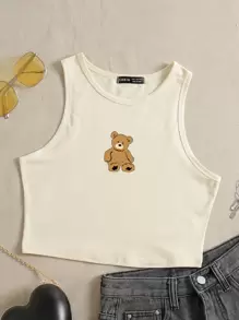 Camiseta Sin Mangas Con Estampado De Oso - Beis - Ver 1