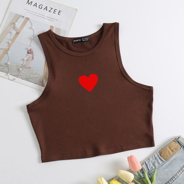 

Heart Print Tank Top, Coffee brown