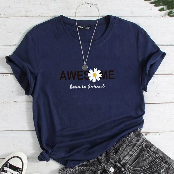 

Floral & Slogan Graphic Tee, Navy blue