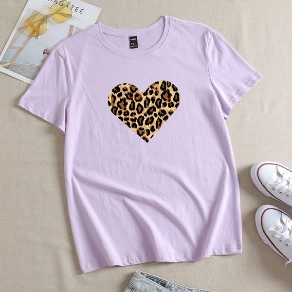 

Leopard Heart Print Tee, Lilac purple
