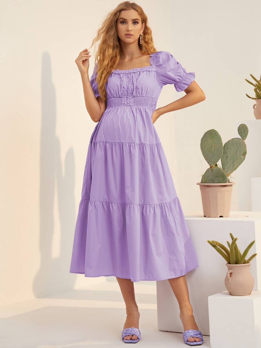 SHEIN Maternity Square Neck Puff Sleeve Frill Trim Dress - Lilac Purple - View 1