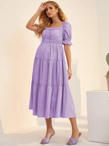 SHEIN Maternity Square Neck Puff Sleeve Frill Trim Dress - Lilac Purple - View 3
