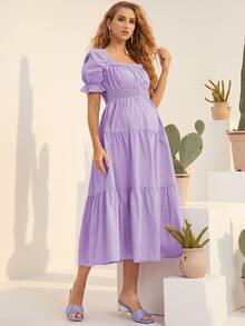 SHEIN Maternity Square Neck Puff Sleeve Frill Trim Dress - Lilac Purple - View 4