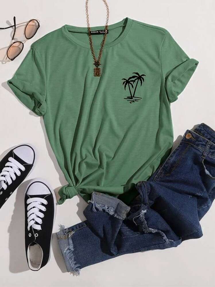 Plants Print Round Neck Tee - Green - View 1
