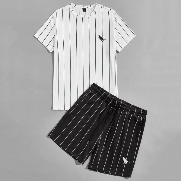 

Men Dinosaur Print Tee and Striped Shorts Set, Black and white