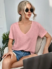 SHEIN LUNE 素色v領T恤 - 淺粉色 - 查看 1