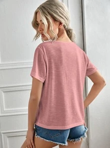 SHEIN LUNE 素色v領T恤 - 淺粉色 - 查看 2