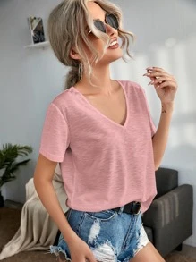 SHEIN LUNE 素色v領T恤 - 淺粉色 - 查看 4