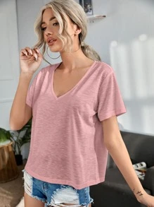 SHEIN LUNE 素色v領T恤 - 淺粉色 - 查看 5