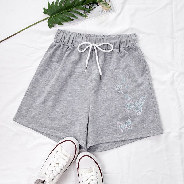 

Butterfly Print Drawstring Waist Track Shorts, Light grey