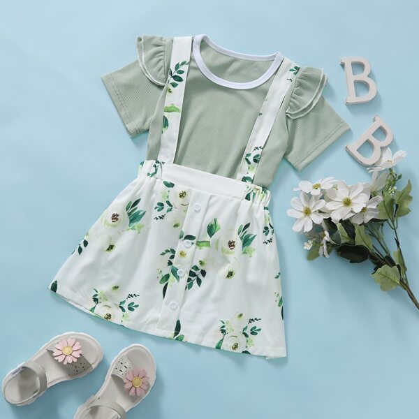 

Toddler Girls Ruffle Trim Tee With Floral Pinafore Skirt, Multicolor