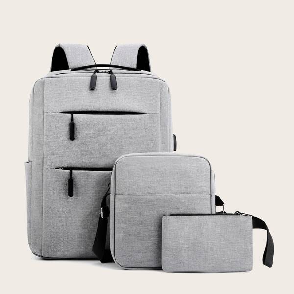 

3pcs Men Double Zip Front Backpack Set, Grey