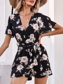 Floral Belted Wrap Romper - Multicolor - View 1