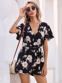 Floral Belted Wrap Romper - Multicolor - View 4
