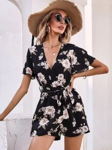 Floral Belted Wrap Romper - Multicolor - View 5