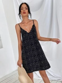 Vestido lencero de lunares ribete en abanico - Negro - Ver 3