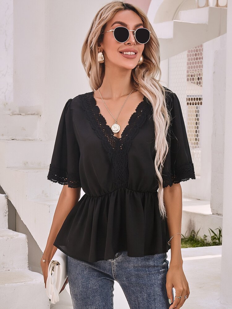 Lace Trim Tie Back Peplum Top - Black - View 3